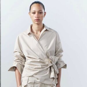 Zara beige cotton wrap around  shirt.